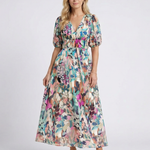 Wrennawen | V Neck Short Sleeve Gathered Waist Midi Dress
