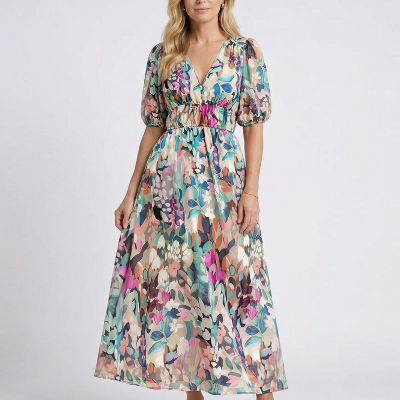 Wrennawen | V Neck Short Sleeve Gathered Waist Midi Dress
