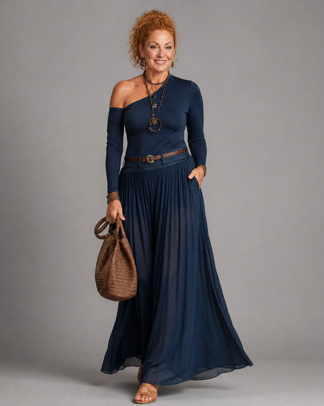 Viowen | One Shoulder Fitted Top And Pleated Maxi Skirt Set