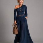 Viowen | One Shoulder Fitted Top And Pleated Maxi Skirt Set