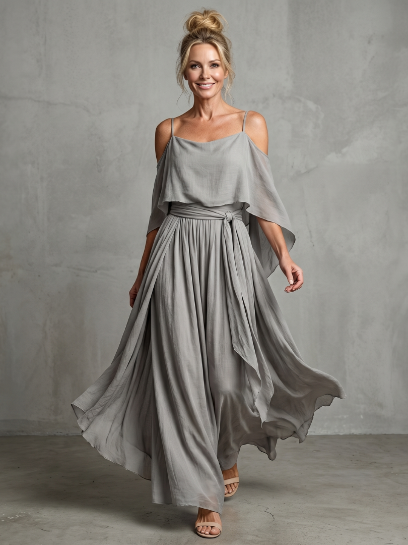 Norarina | Layered Drape Cold Shoulder Top Wide Leg Set