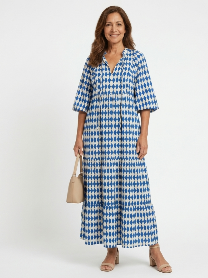 Deldra | Diamond Print Tiered Midi Dress