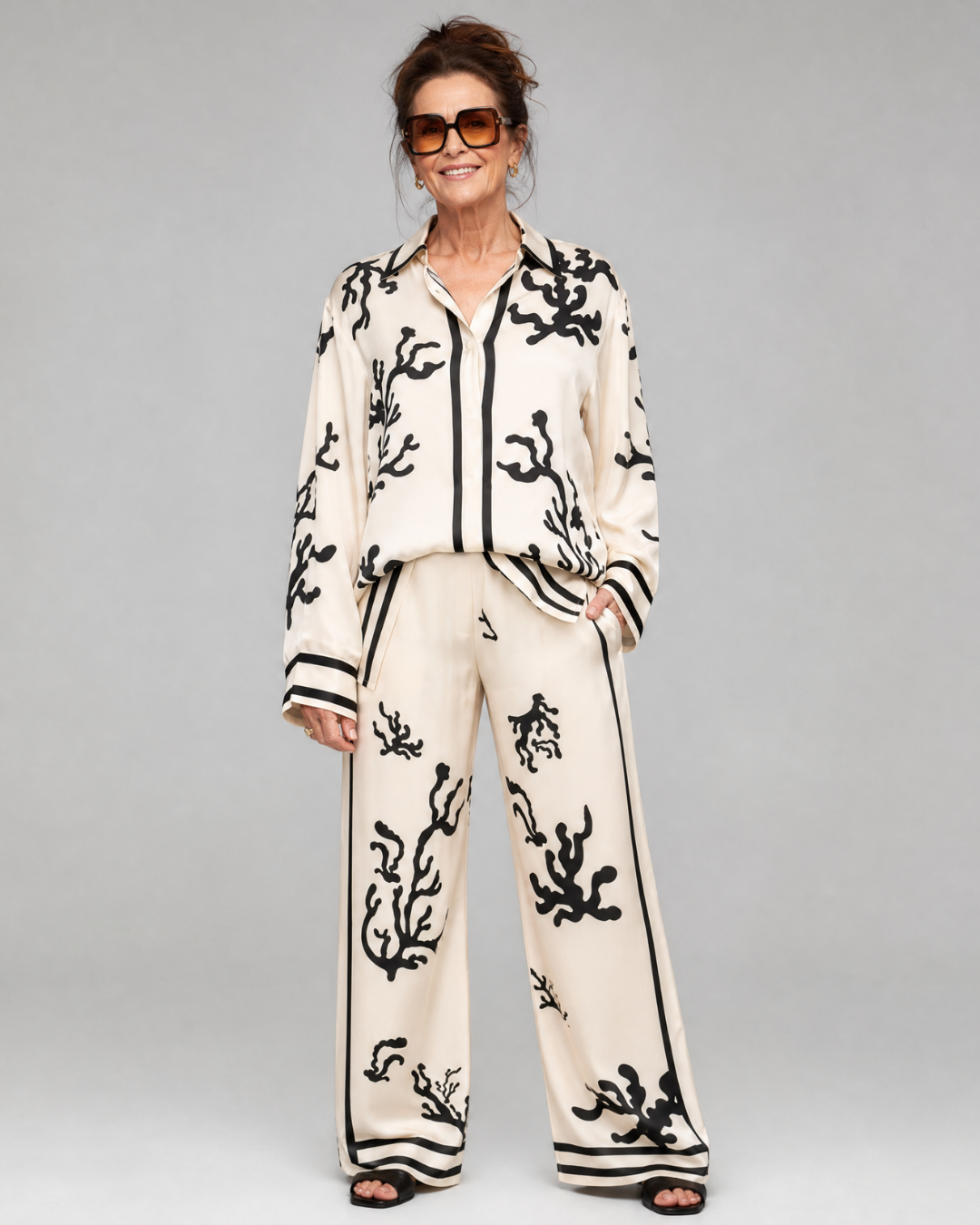 Calbeth | Abstract Coastal Print Shirt And Wide Leg Pants Set