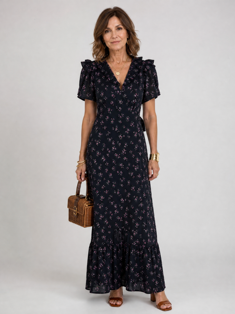 Laessa | Floral Puff Sleeve Ruffle Hem Midi Dress