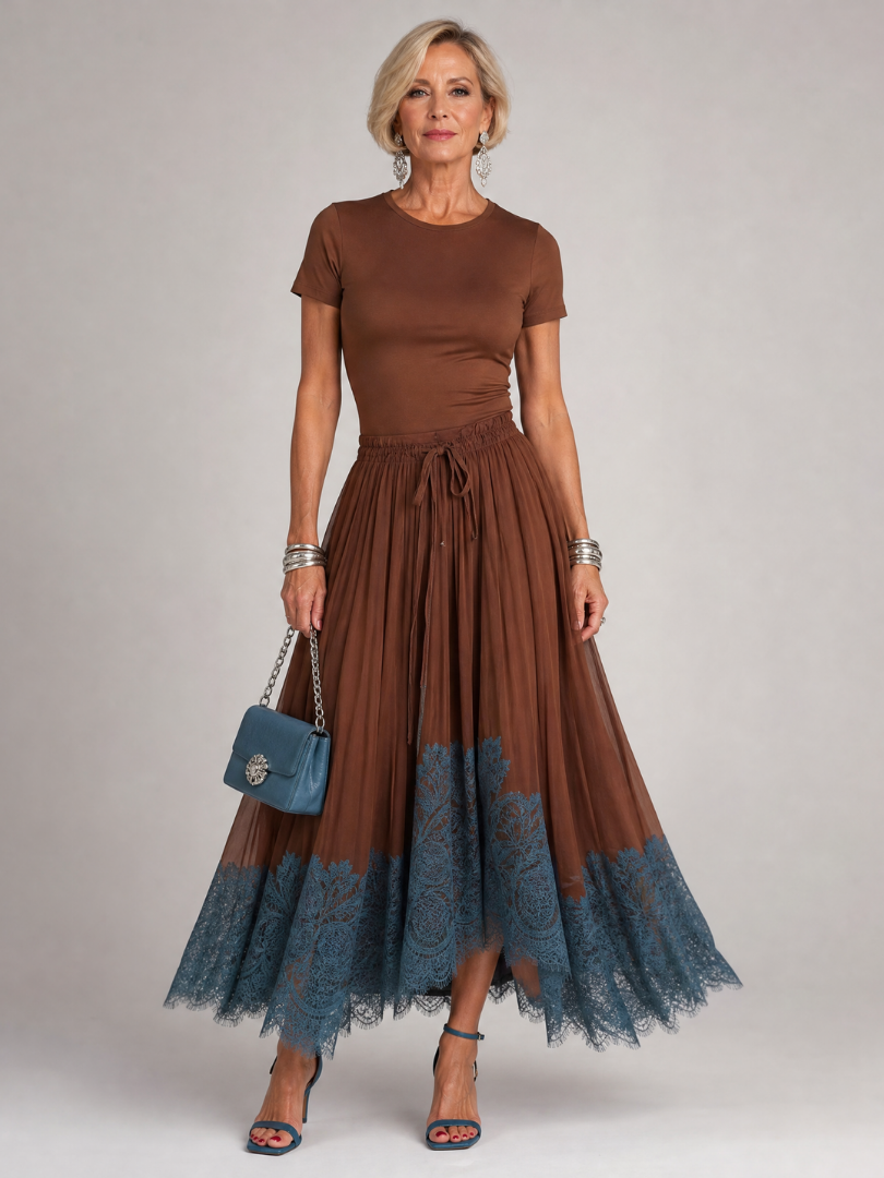 Romibelle | Short Sleeve Lace Hem Midi Dress