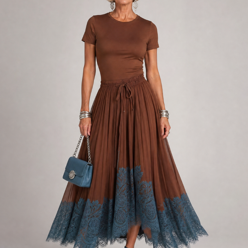 Romibelle | Short Sleeve Lace Hem Midi Dress