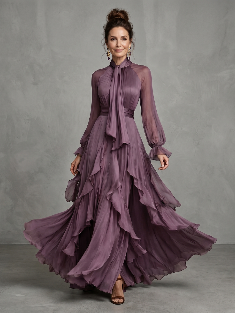 Sermae | Tie Neck Ruffle Tiered Maxi Dress