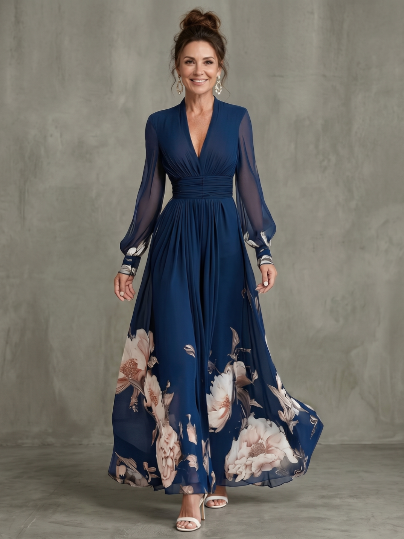 Taliavia | Pleated Sheer Sleeves Maxi Dress