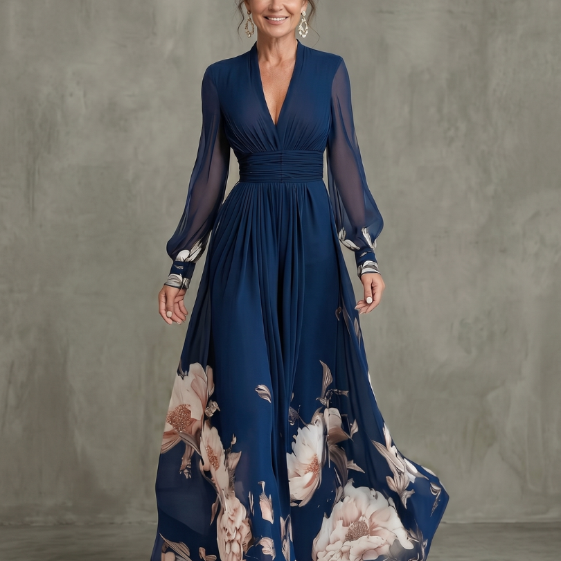 Taliavia | Pleated Sheer Sleeves Maxi Dress