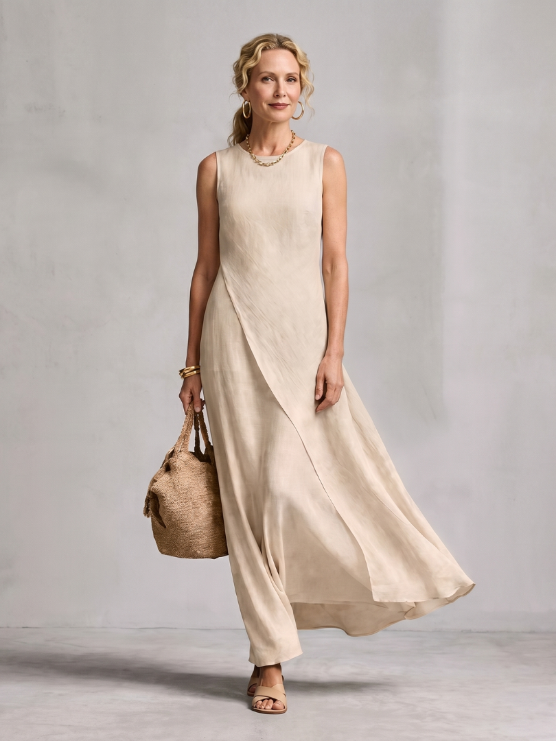 Corthea | Asymmetric Layered Round Neck Maxi Dress