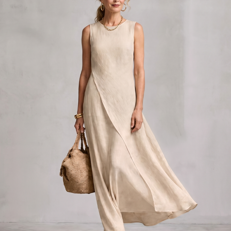 Corthea | Asymmetric Layered Round Neck Maxi Dress