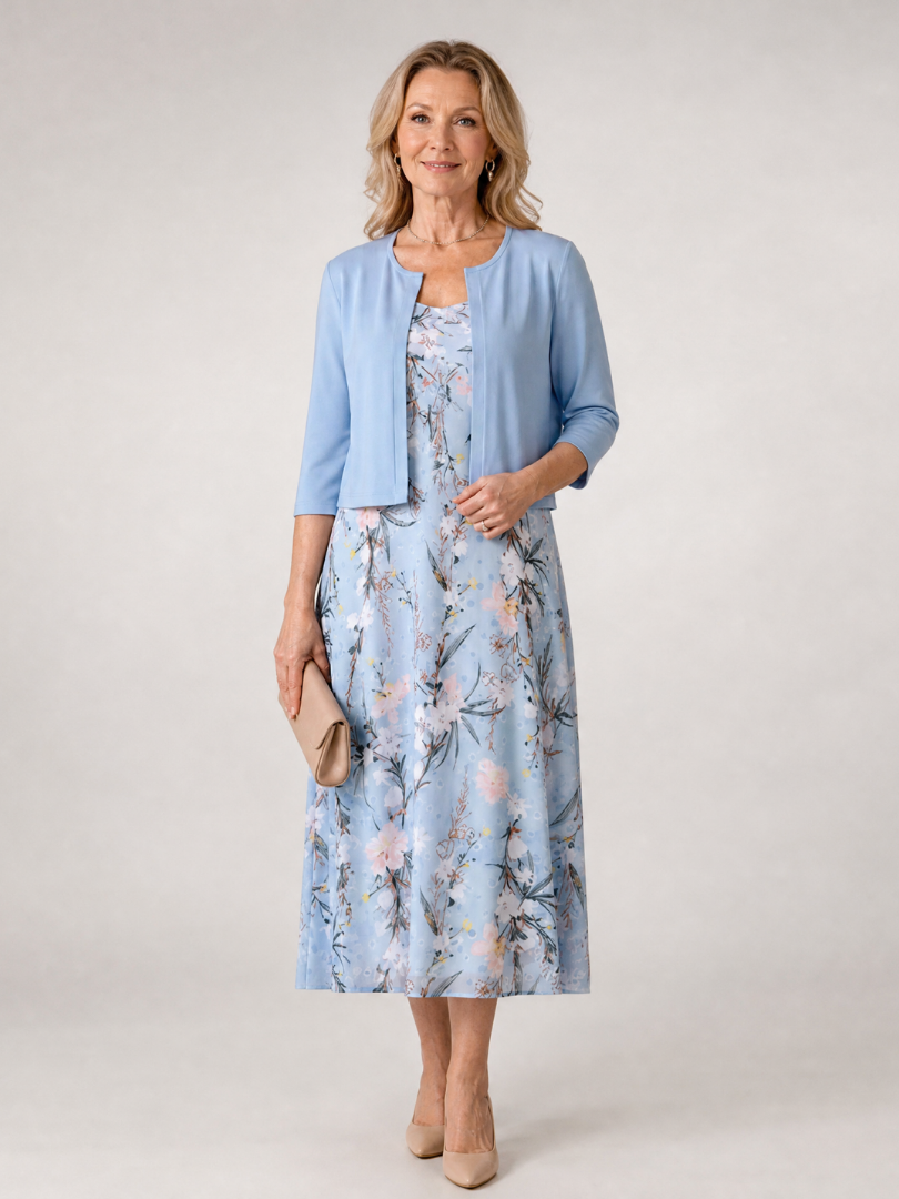 Velna | Floral Print Sleeveless Cropped Jacket Midi Dress