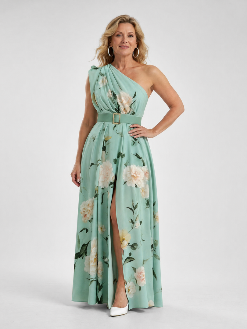 Dahina | Floral Print One Shoulder Belted Maxi Dress