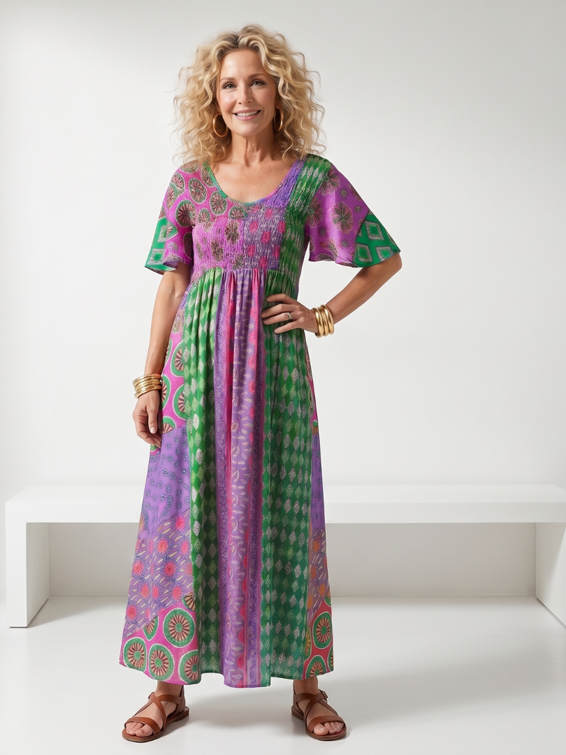 Gretandra | Mixed Print Short Sleeve Midi Dress