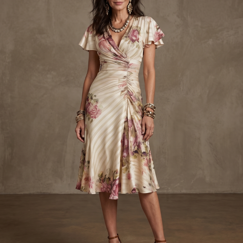 Valthea | Floral Wrap Ruched Midi Dress