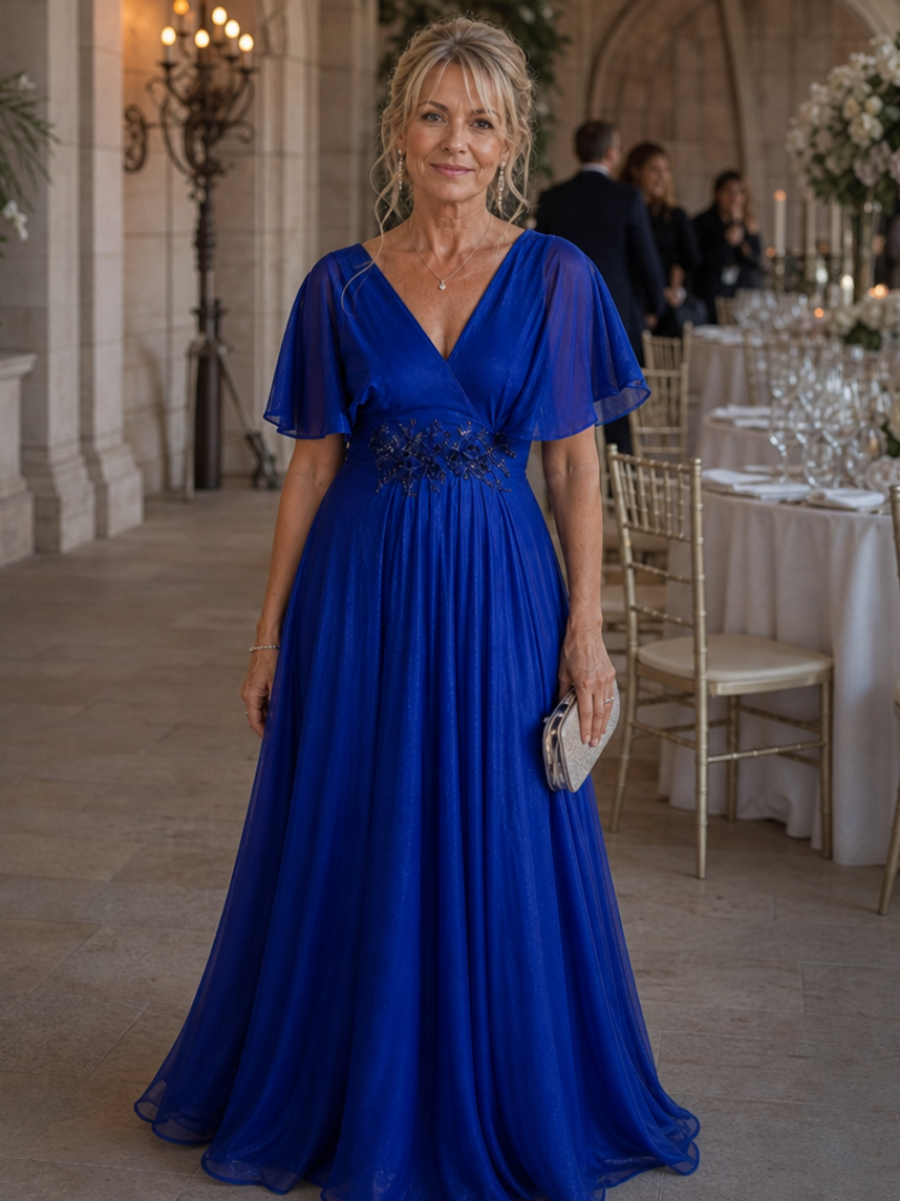 Selndra | Short Sleeve V Neck Flowing Maxi Dress