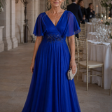 Selndra | Short Sleeve V Neck Flowing Maxi Dress