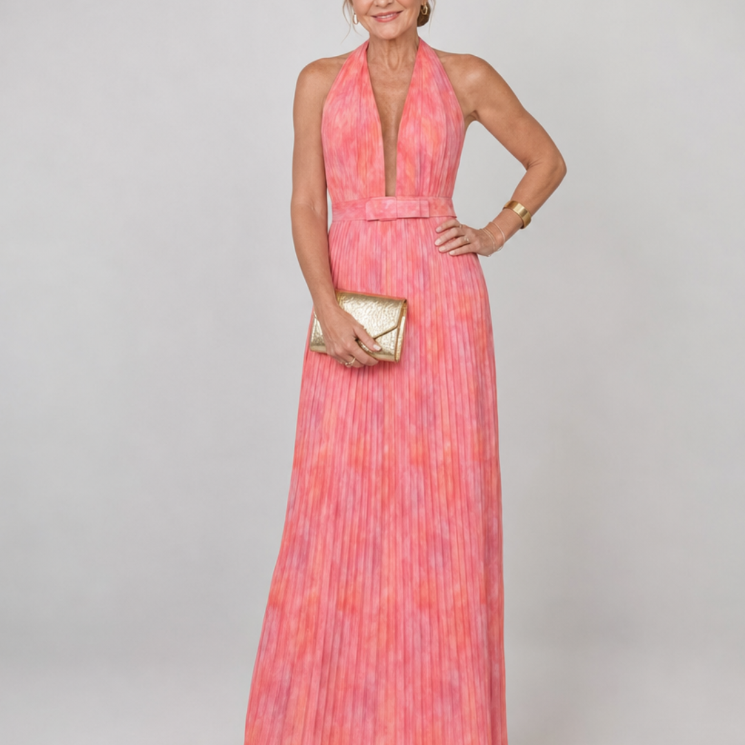 Sennavia | Pleated Halter Neck Sleeveless Maxi Dress