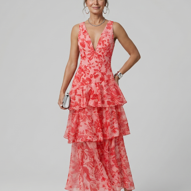 Sabda | Deep V Sleeveless Painterly Pattern Midi Dress