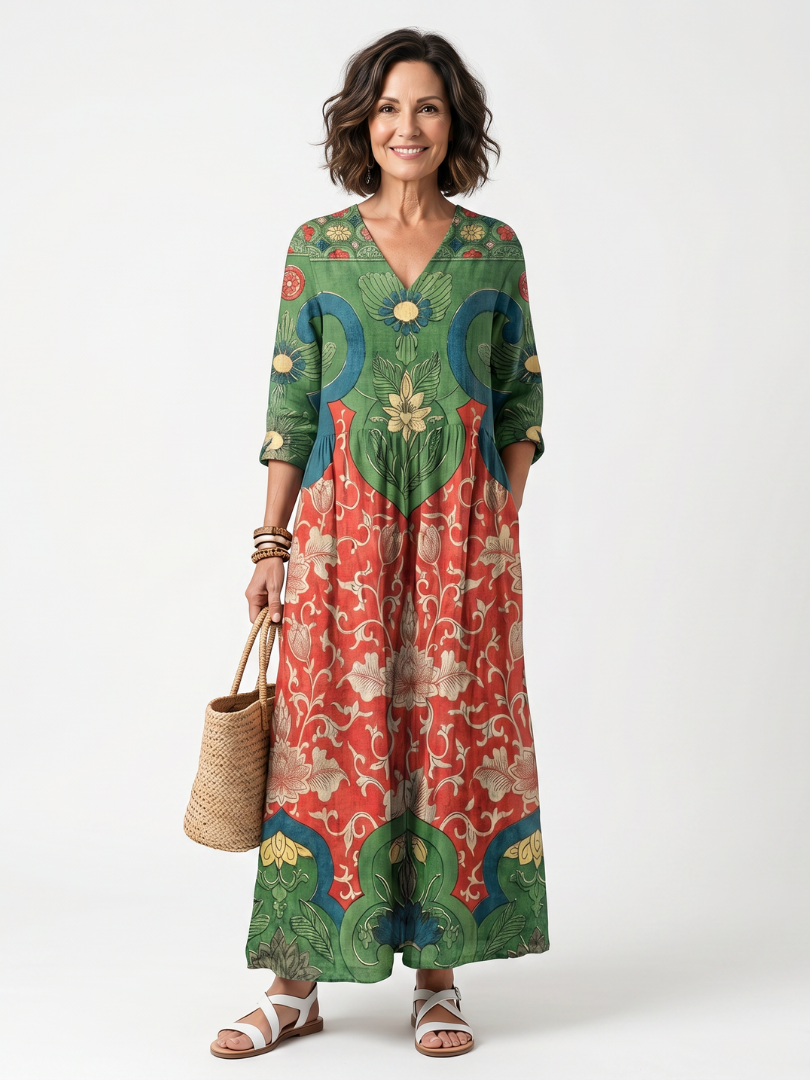 Saffsia | Mixed Print V Neck Pocket Midi Dress