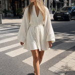 Callalette | Long Sleeve V Neck Flared Skirt Mini Dress