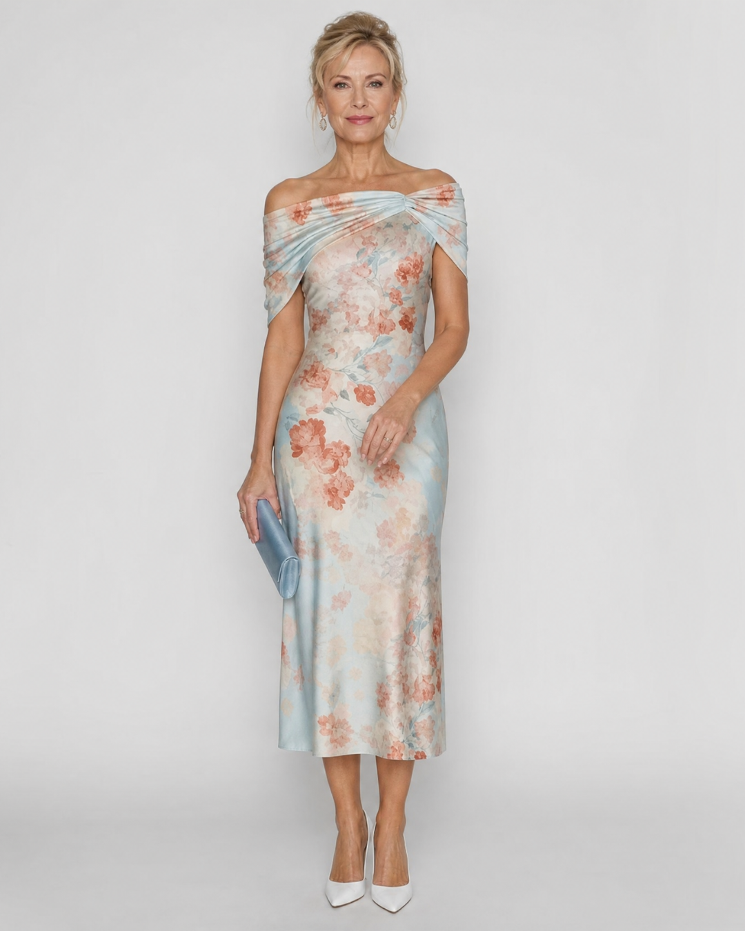 Eliwen | Soft Floral Off Shoulder Fitted Midi Dress