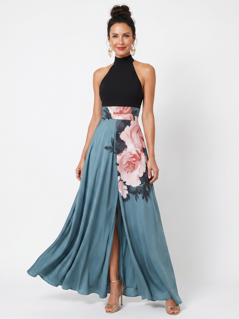 Wilthea | Halter Bodice Floral Skirt Maxi Dress