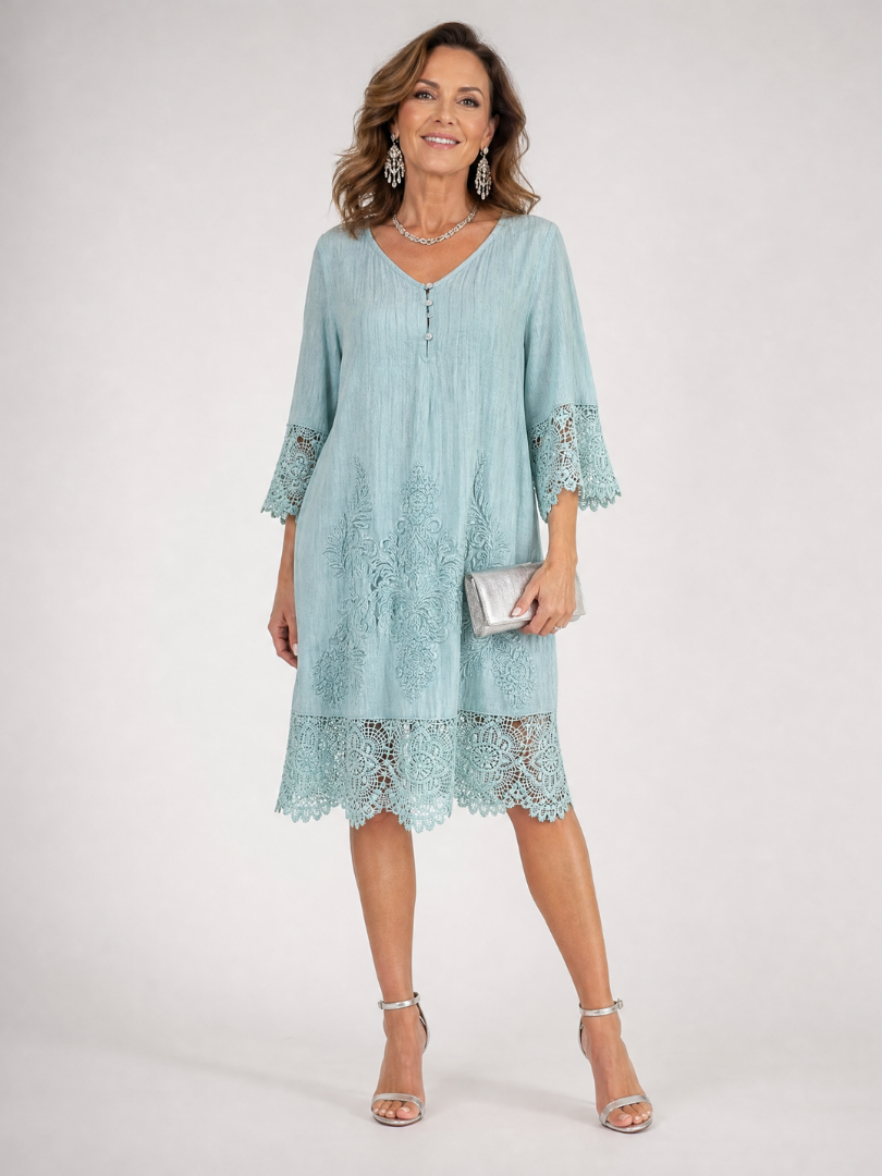 Kalnia | Embroidered Lace Trim Shift Midi Dress