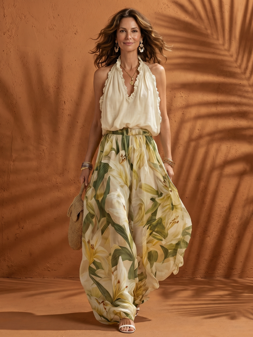 Mirandra | Halter Neck Blouse Floral Wide Leg Set