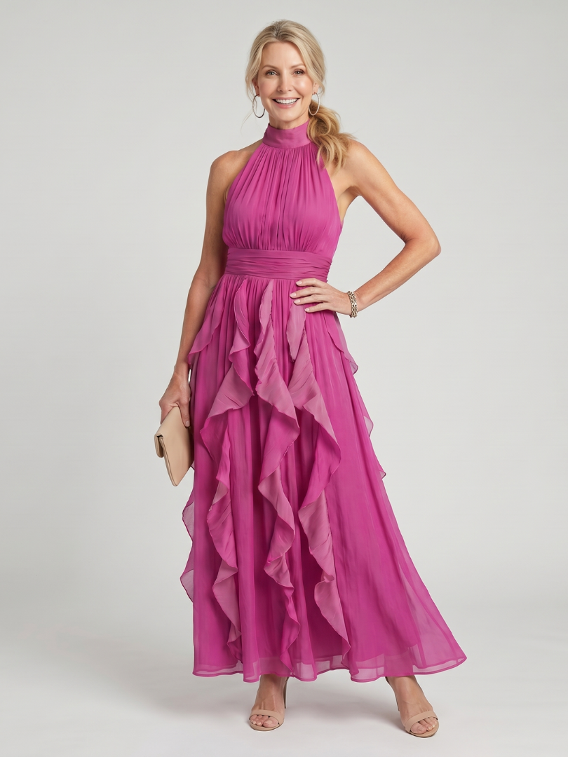 Saffrose | High Neck Gathered Ruffle Layers Maxi Dress