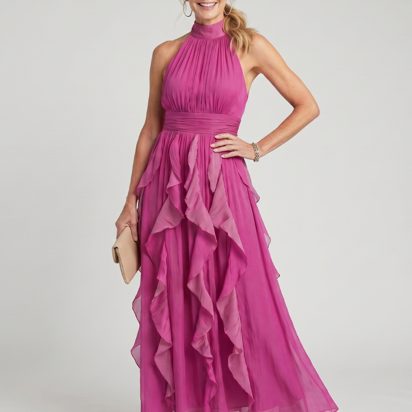 Saffrose | High Neck Gathered Ruffle Layers Maxi Dress