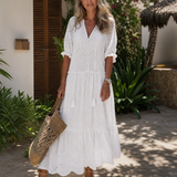 Pruwynne | Eyelet Lace Tiered V Neck Midi Dress