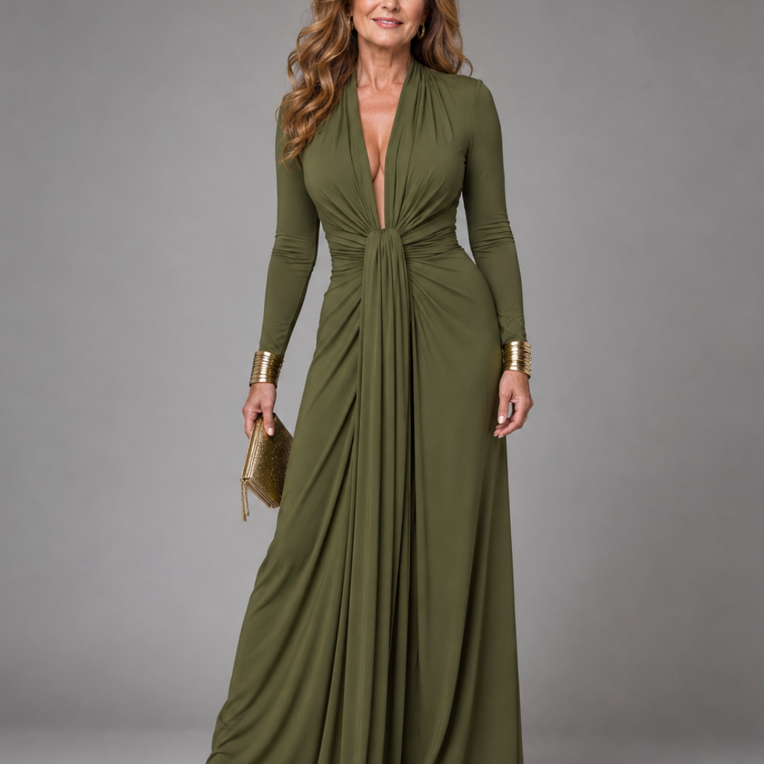 Fiondra | Draped Deep V Neck Long Sleeve Maxi Dress