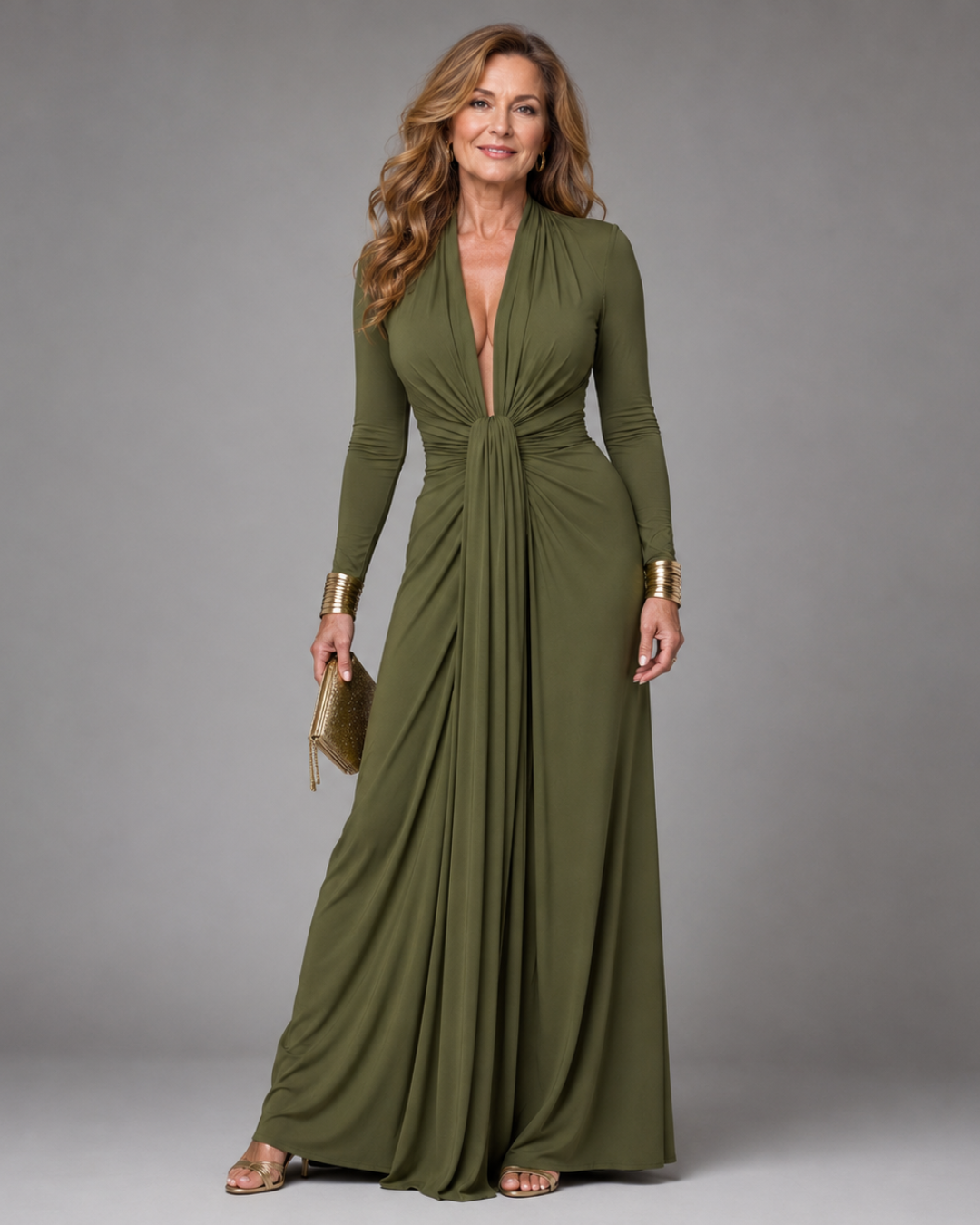 Fiondra | Draped Deep V Neck Long Sleeve Maxi Dress
