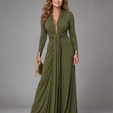 Fiondra | Draped Deep V Neck Long Sleeve Maxi Dress