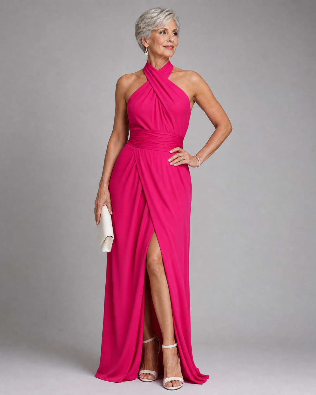 Temlette | Cross Halter Draped Side Slit Midi Dress