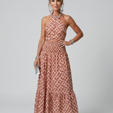 Vidarin | Cross Halter Geometric Print Cutout Midi Dress