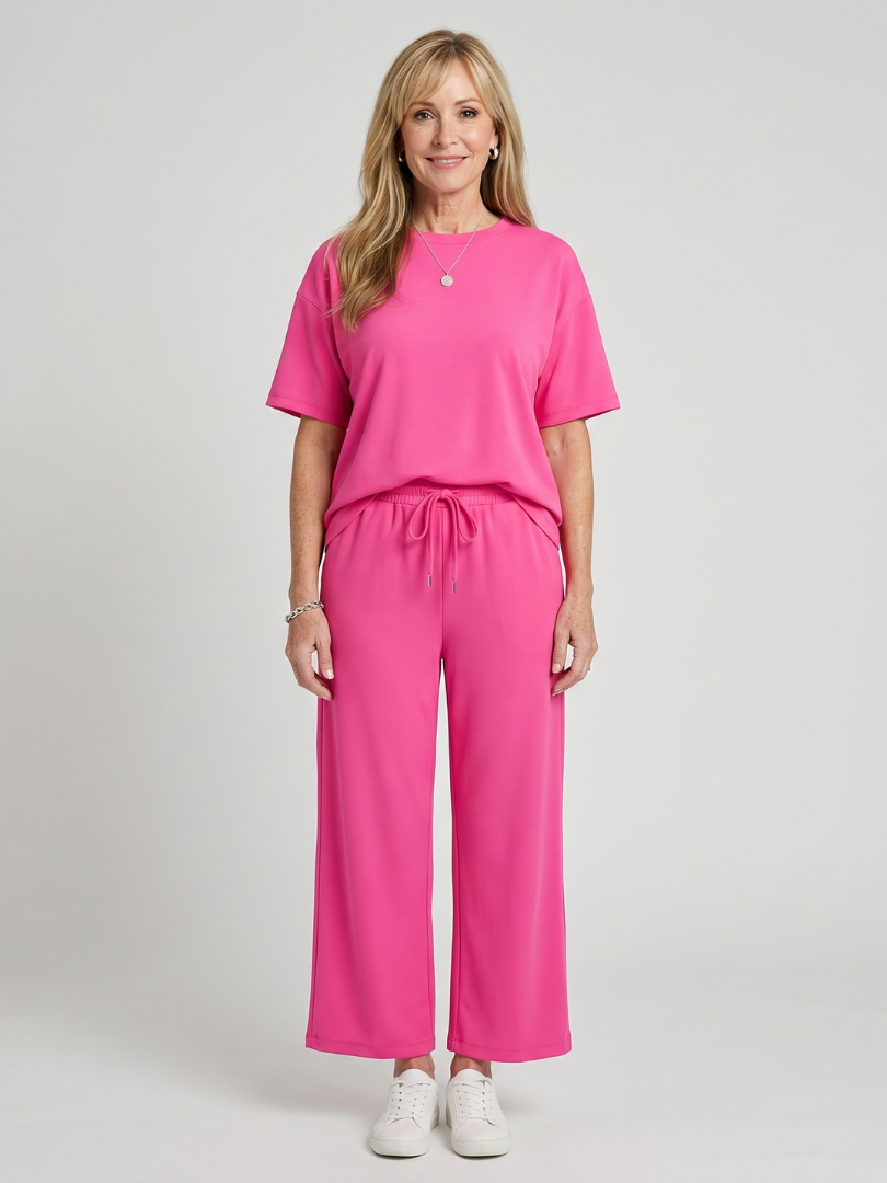 Wilnia | Short Sleeve Drawstring Waist And Straight Leg Pants Set