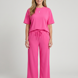Wilnia | Short Sleeve Drawstring Waist And Straight Leg Pants Set
