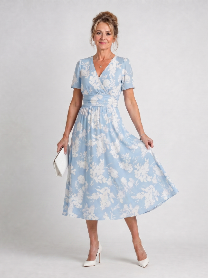 Serwynne | Floral Print Short Sleeve V Neck Midi Dress