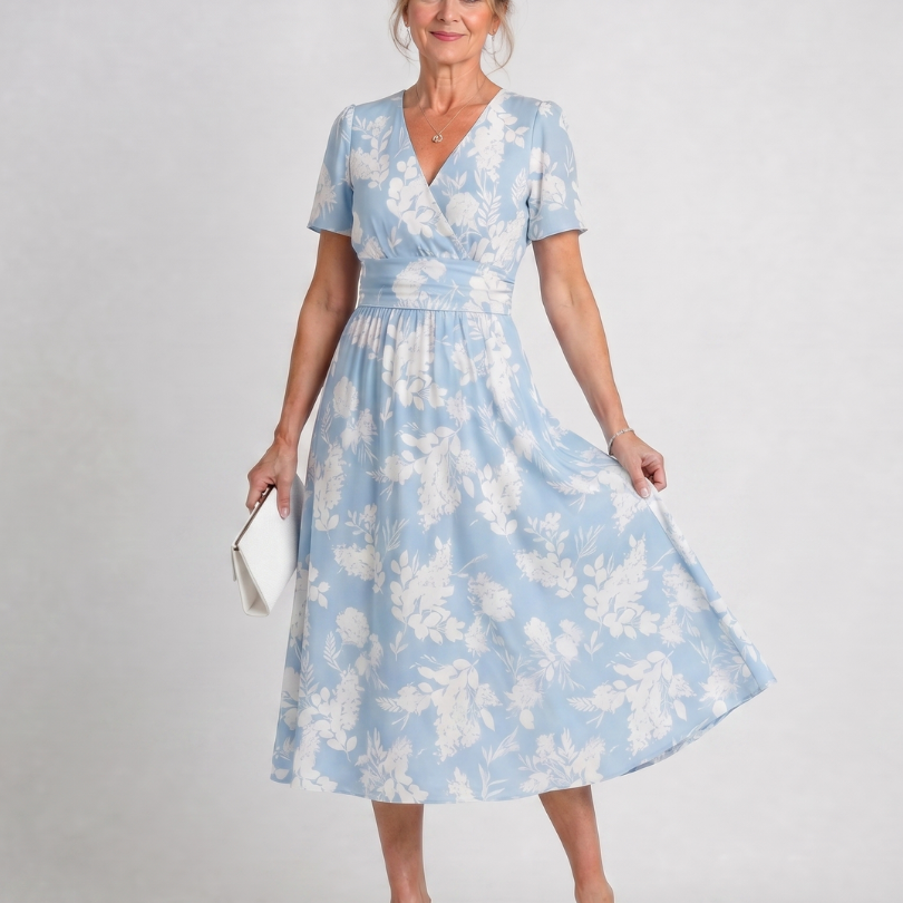 Serwynne | Floral Print Short Sleeve V Neck Midi Dress