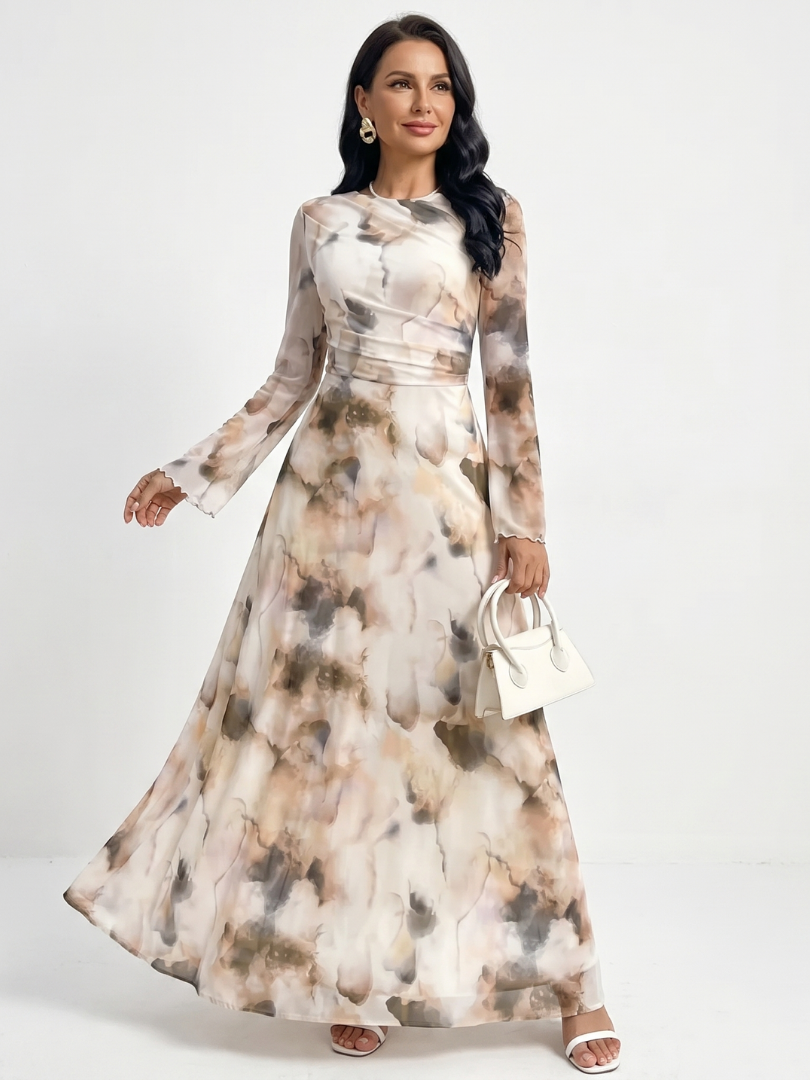 Kaldra | Long Sleeve Abstract Print Waist Maxi Dress