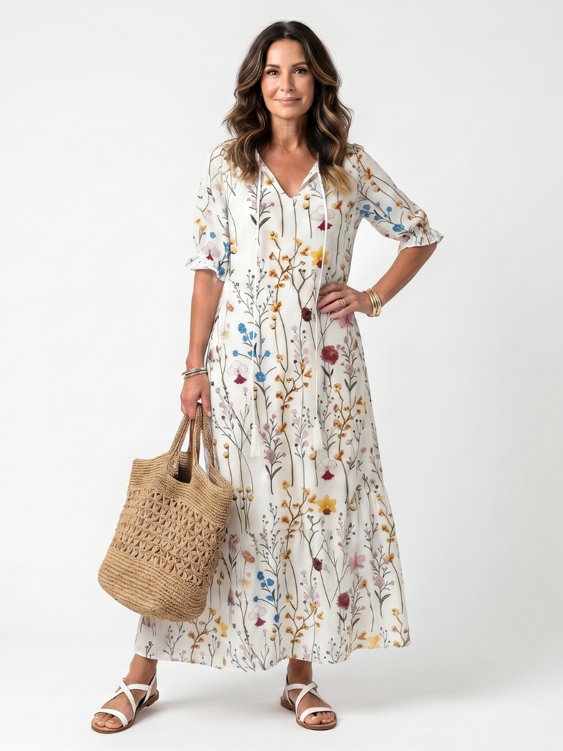 Magdamae | Botanical Print Tassel Tie Midi Dress