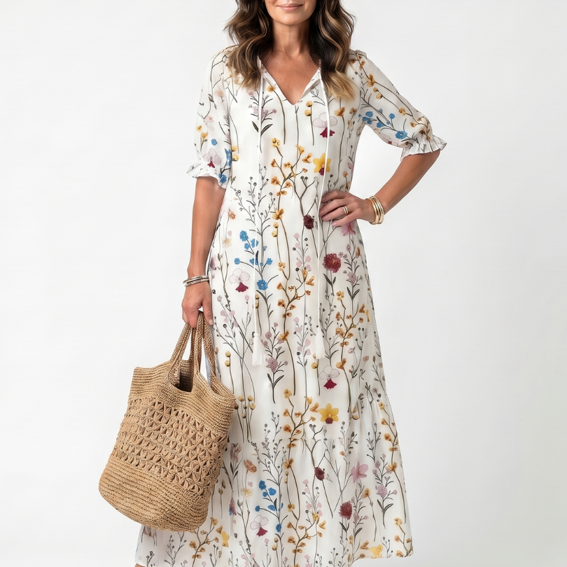 Magdamae | Botanical Print Tassel Tie Midi Dress