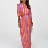 Isathea | Vertical Stripe Cutout Waist Midi Dress