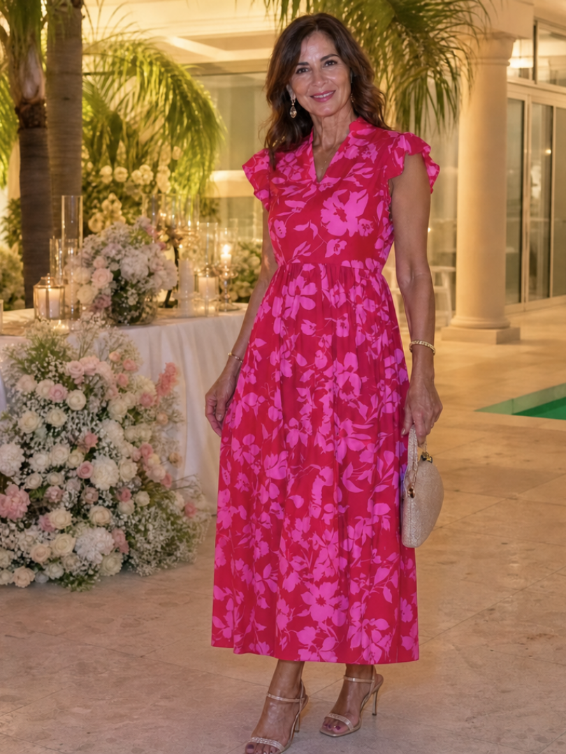 Norrina | Sleeveless V Neck Ruffle Trim Midi Dress