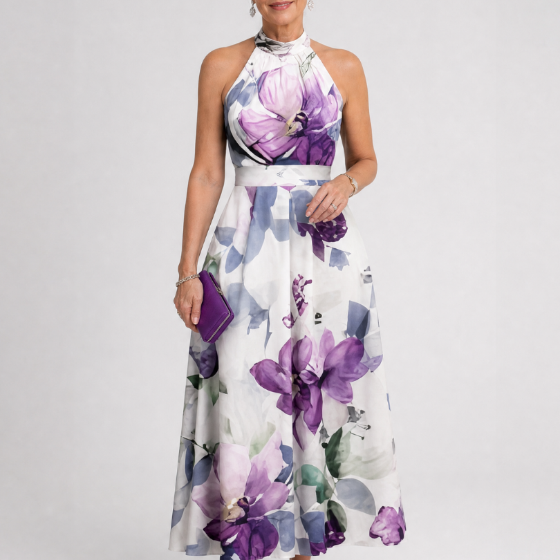 Teslia | Soft Bloom Halter Neck Flowing Midi Dress