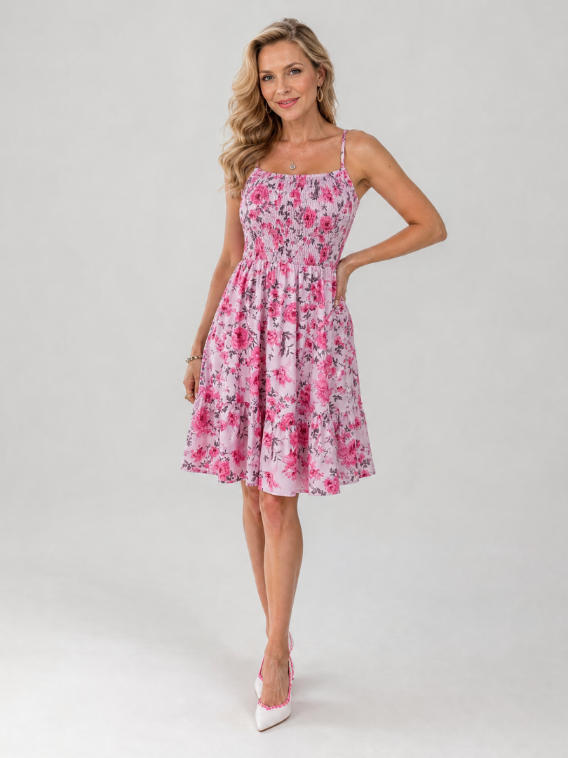 Merina | Spaghetti Strap Floral Print Knee Length Dress