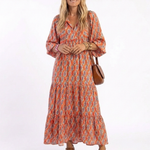 Cornia | Geometric Print V Neck Tiered Midi Dress
