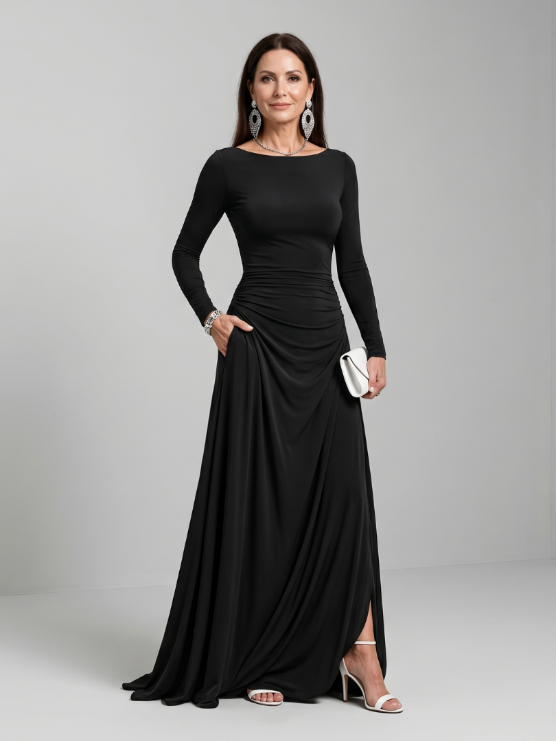 Penine | Long Sleeve Boat Neck Flowing Maxi Dress
